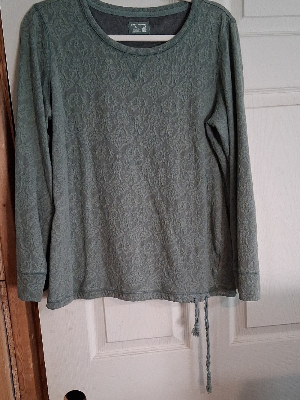 Olive Green Long-Sleeve Lace-Texture Top